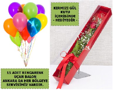 15 Adet u�an balon ve kutuda k�rm�z� g�l �ve�ler Dikmen anneler g�n� �i�ek yolla 