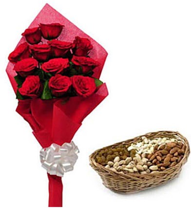 11 adet k�rm�z� g�l ve sepette kuruyemi� Ankara Dikmen kaliteli taze ve ucuz �i�ekler 
