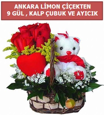 Kalp �ubuk sepette 9 g�l ve ay�c�k Dikmen Ankara �i�ek g�nder uluslararas� �i�ek g�nderme  