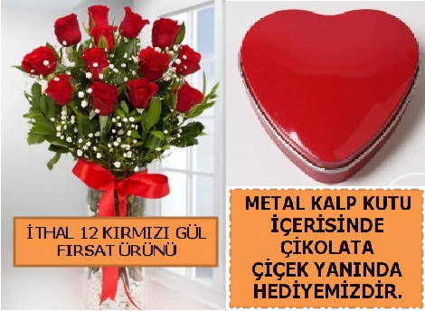 12 adet k�rm�z� g�l ve kalp kutuda �ikolata Dikmen Ankara �i�ek g�nder uluslararas� �i�ek g�nderme 