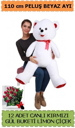 110 cm beyaz kocaman pelu� ay� ve 12 g�l Ankara Dikmen cicekciler , cicek siparisi 