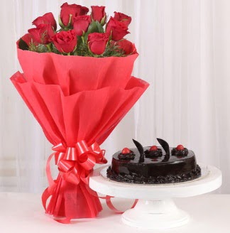 10 Adet k�rm�z� g�l ve 4 ki�ilik ya� pasta Ankara Dikmen kaliteli taze ve ucuz �i�ekler 